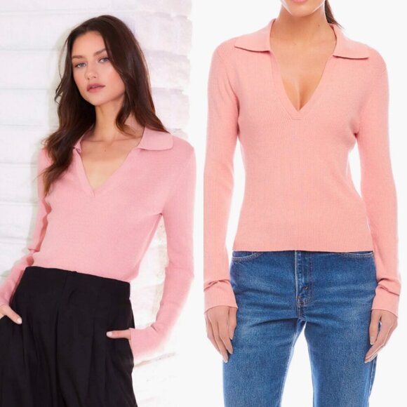🦋 NEW NORDSTROM FIFTEEN TWENTY Cashmere Rose Pink Rory Collar Ribbed Sweater XS - Picture 1 of 7